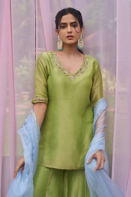 Megha Pitti Green Tissue Embroidery, Sequins V-neck Zardozi Kurta Sharara Set at Aza Fashions Megha Pitti_Green Tissue Embroidery, Sequins V-neck Zardozi Kurta Sharara Set _at_Aza_Fashions
