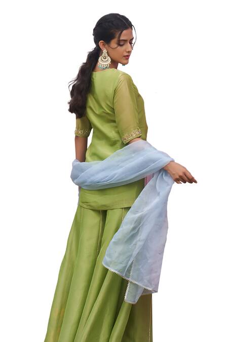 Buy Megha Pitti Green Tissue Embroidery, Sequins V-neck Zardozi Kurta Sharara Set Buy_Megha Pitti_Green Tissue Embroidery, Sequins V-neck Zardozi Kurta Sharara Set