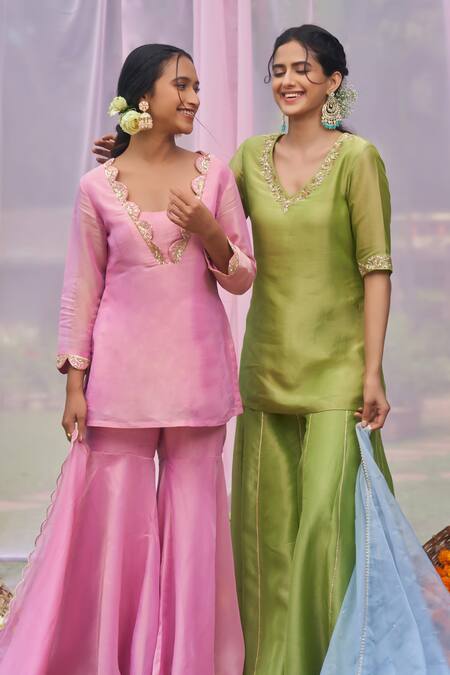 Shop Megha Pitti Green Tissue Embroidery, Sequins V-neck Zardozi Kurta Sharara Set Shop_Megha Pitti_Green Tissue Embroidery, Sequins V-neck Zardozi Kurta Sharara Set