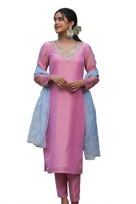 Shop Megha Pitti Pink Tissue, Chanderi Sequins V-neck Neckline Embroidered Kurta Set Online at Aza Fashions Shop_Megha Pitti_Pink Tissue, Chanderi Sequins V-neck Neckline Embroidered Kurta Set _Online_at_Aza_Fashions