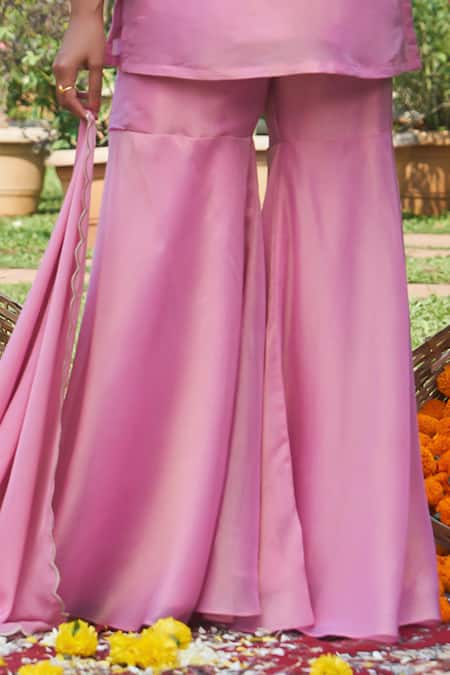 Buy Megha Pitti Pink Tissue, Satin Embroidery, Zari V-neck Scallop Neckline Kurta Sharara Set Online at Aza Fashions Buy_Megha Pitti_Pink Tissue, Satin Embroidery, Zari V-neck Scallop Neckline Kurta Sharara Set _Online_at_Aza_Fashions