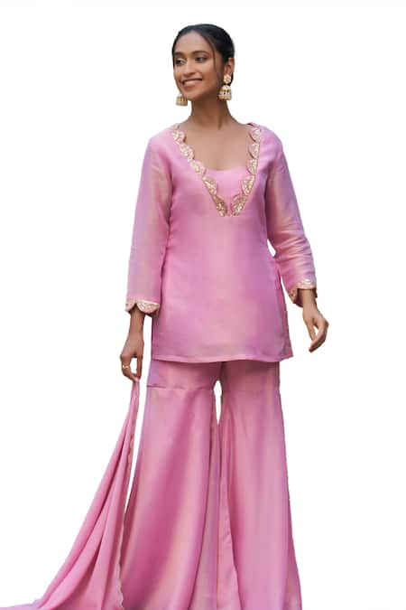 Shop Megha Pitti Pink Tissue, Satin Embroidery, Zari V-neck Scallop Neckline Kurta Sharara Set Online at Aza Fashions Shop_Megha Pitti_Pink Tissue, Satin Embroidery, Zari V-neck Scallop Neckline Kurta Sharara Set _Online_at_Aza_Fashions
