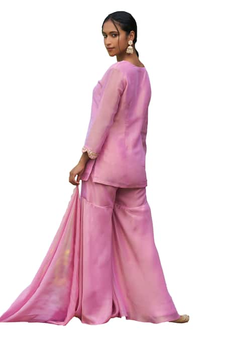 Shop Megha Pitti Pink Tissue, Satin Embroidery, Zari V-neck Scallop Neckline Kurta Sharara Set Shop_Megha Pitti_Pink Tissue, Satin Embroidery, Zari V-neck Scallop Neckline Kurta Sharara Set