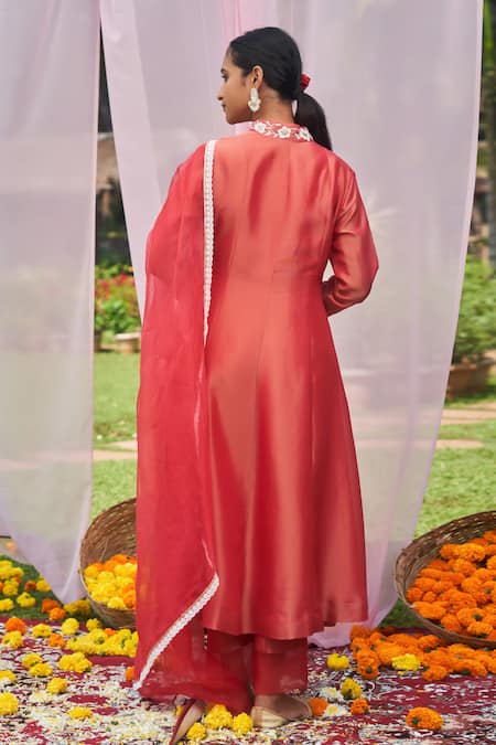 Shop_Megha Pitti_Red Tissue Embroidery, Cut Work V-neck Floral Neckline Anarkali Set _at_Aza_Fashions