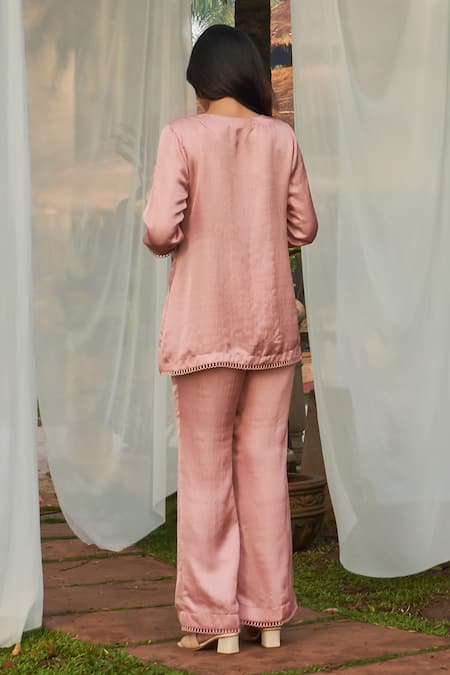 Shop_Megha Pitti_Pink Satin Dupion Embroidery Sequin Boat Neck Bird Top And Pant Set _at_Aza_Fashions
