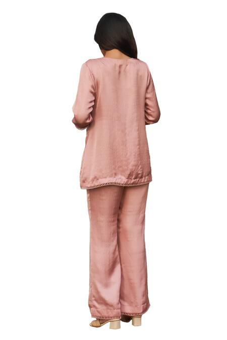 Megha Pitti_Pink Satin Dupion Embroidery Sequin Boat Neck Bird Top And Pant Set _Online_at_Aza_Fashions