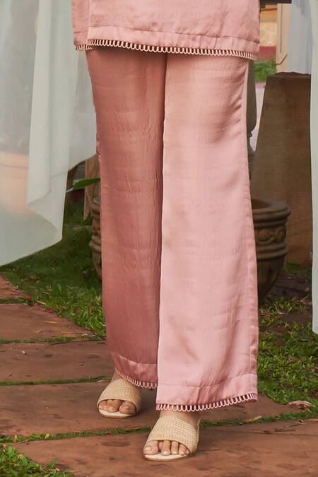 Buy_Megha Pitti_Pink Satin Dupion Embroidery Sequin Boat Neck Bird Top And Pant Set _Online_at_Aza_Fashions