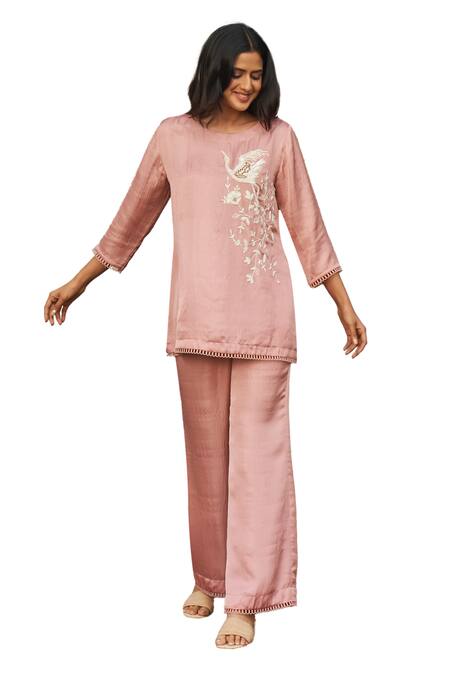 Shop_Megha Pitti_Pink Satin Dupion Embroidery Sequin Boat Neck Bird Top And Pant Set _Online_at_Aza_Fashions