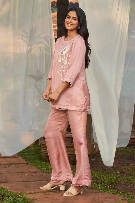 Megha Pitti_Pink Satin Dupion Embroidery Sequin Boat Neck Bird Top And Pant Set _at_Aza_Fashions