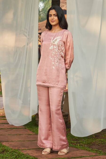 Buy_Megha Pitti_Pink Satin Dupion Embroidery Sequin Boat Neck Bird Top And Pant Set 