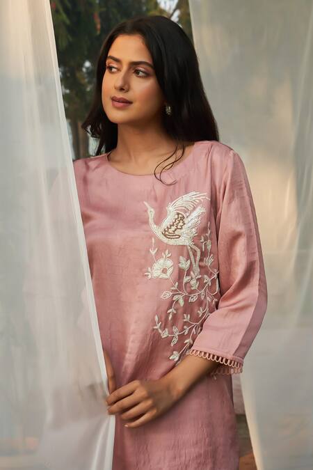 Shop_Megha Pitti_Pink Satin Dupion Embroidery Sequin Boat Neck Bird Top And Pant Set 