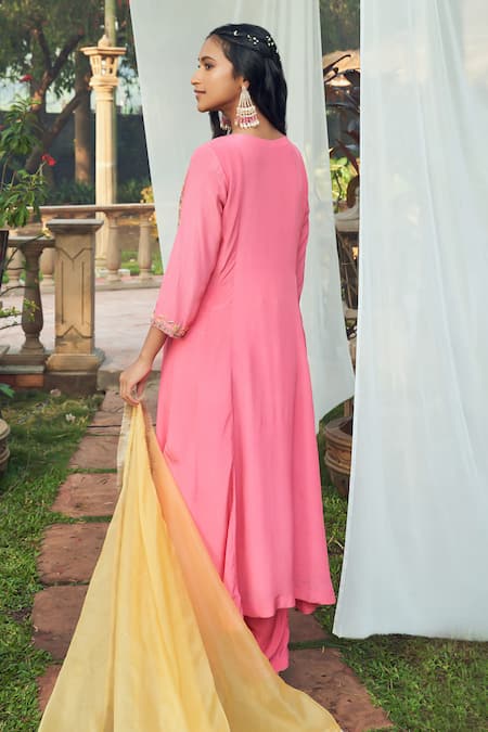 Shop Megha Pitti Pink Crepe, Chiffon Tassels Round Neck Floral Embroidered Anarkali Pant Set at Aza Fashions Shop_Megha Pitti_Pink Crepe, Chiffon Tassels Round Neck Floral Embroidered Anarkali Pant Set _at_Aza_Fashions