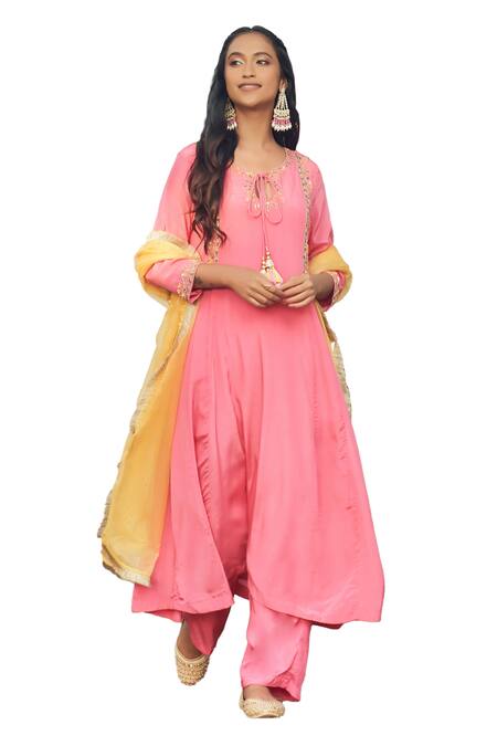 Buy Megha Pitti Pink Crepe, Chiffon Tassels Round Neck Floral Embroidered Anarkali Pant Set Online at Aza Fashions Buy_Megha Pitti_Pink Crepe, Chiffon Tassels Round Neck Floral Embroidered Anarkali Pant Set _Online_at_Aza_Fashions