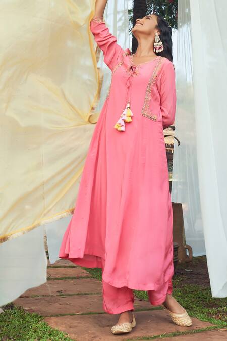 Shop Megha Pitti Pink Crepe, Chiffon Tassels Round Neck Floral Embroidered Anarkali Pant Set Online at Aza Fashions Shop_Megha Pitti_Pink Crepe, Chiffon Tassels Round Neck Floral Embroidered Anarkali Pant Set _Online_at_Aza_Fashions