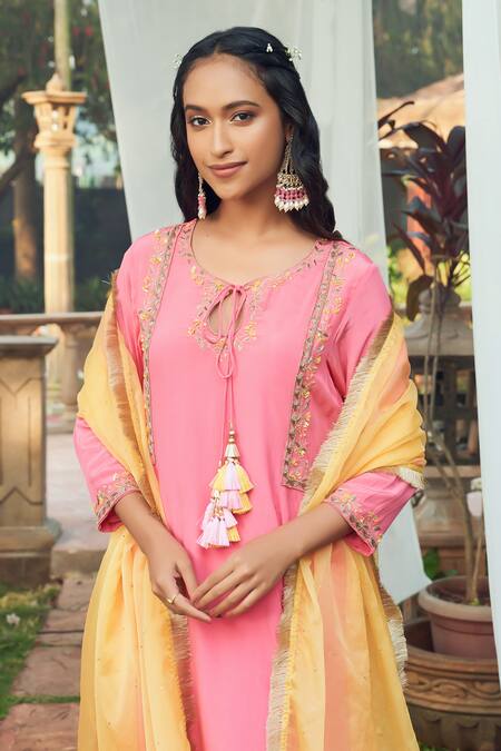 Megha Pitti Pink Crepe, Chiffon Tassels Round Neck Floral Embroidered Anarkali Pant Set at Aza Fashions Megha Pitti_Pink Crepe, Chiffon Tassels Round Neck Floral Embroidered Anarkali Pant Set _at_Aza_Fashions