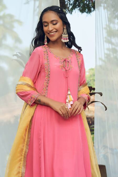 Buy Megha Pitti Pink Crepe, Chiffon Tassels Round Neck Floral Embroidered Anarkali Pant Set Buy_Megha Pitti_Pink Crepe, Chiffon Tassels Round Neck Floral Embroidered Anarkali Pant Set