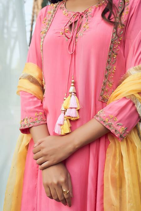 Shop Megha Pitti Pink Crepe, Chiffon Tassels Round Neck Floral Embroidered Anarkali Pant Set Shop_Megha Pitti_Pink Crepe, Chiffon Tassels Round Neck Floral Embroidered Anarkali Pant Set