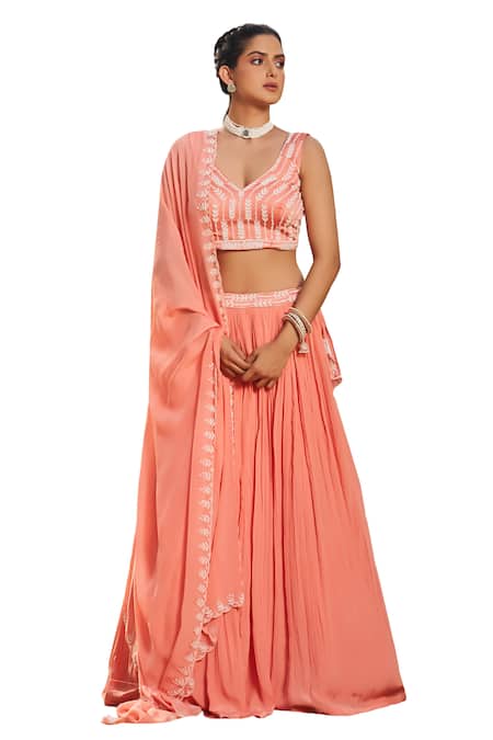 Shop Megha Pitti Peach Crepe, Satin Pearls Asymmetric Embroidered Lehenga Set Online at Aza Fashions Shop_Megha Pitti_Peach Crepe, Satin Pearls Asymmetric Embroidered Lehenga Set _Online_at_Aza_Fashions