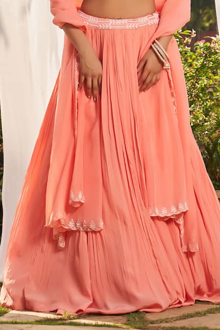 Buy Megha Pitti Peach Crepe, Satin Pearls Asymmetric Embroidered Lehenga Set Buy_Megha Pitti_Peach Crepe, Satin Pearls Asymmetric Embroidered Lehenga Set