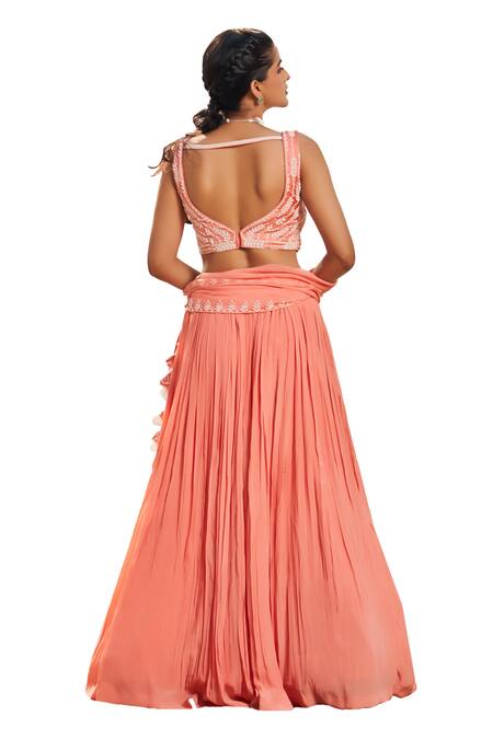 Shop Megha Pitti Peach Crepe, Satin Pearls Asymmetric Embroidered Lehenga Set Shop_Megha Pitti_Peach Crepe, Satin Pearls Asymmetric Embroidered Lehenga Set