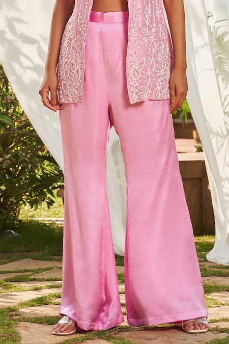 Megha Pitti Pink Silk Organza, Satin Sequins, Cut Work Cutdana Embroidered Jacket Pant Set Online at Aza Fashions Megha Pitti_Pink Silk Organza, Satin Sequins, Cut Work Cutdana Embroidered Jacket Pant Set _Online_at_Aza_Fashions