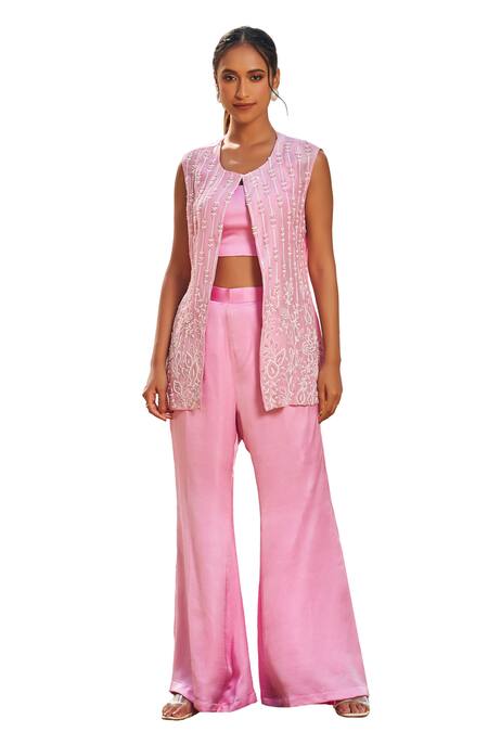 Buy Megha Pitti Pink Silk Organza, Satin Sequins, Cut Work Cutdana Embroidered Jacket Pant Set Online at Aza Fashions Buy_Megha Pitti_Pink Silk Organza, Satin Sequins, Cut Work Cutdana Embroidered Jacket Pant Set _Online_at_Aza_Fashions