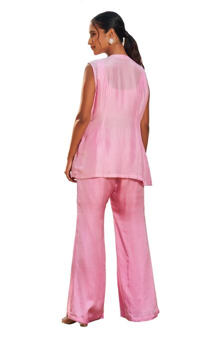 Shop Megha Pitti Pink Silk Organza, Satin Sequins, Cut Work Cutdana Embroidered Jacket Pant Set Online at Aza Fashions Shop_Megha Pitti_Pink Silk Organza, Satin Sequins, Cut Work Cutdana Embroidered Jacket Pant Set _Online_at_Aza_Fashions
