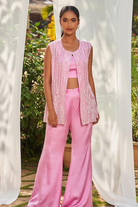 Megha Pitti Pink Silk Organza, Satin Sequins, Cut Work Cutdana Embroidered Jacket Pant Set at Aza Fashions Megha Pitti_Pink Silk Organza, Satin Sequins, Cut Work Cutdana Embroidered Jacket Pant Set _at_Aza_Fashions