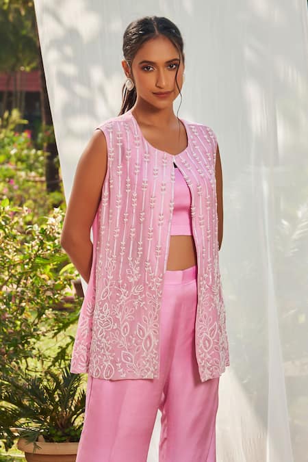 Buy Megha Pitti Pink Silk Organza, Satin Sequins, Cut Work Cutdana Embroidered Jacket Pant Set Buy_Megha Pitti_Pink Silk Organza, Satin Sequins, Cut Work Cutdana Embroidered Jacket Pant Set