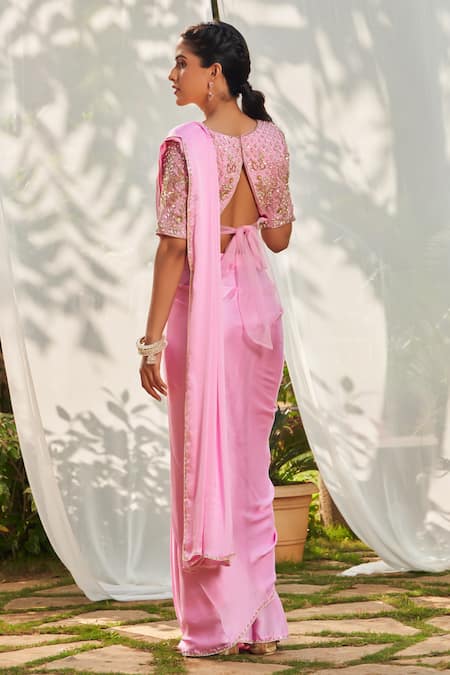 Shop_Megha Pitti_Pink Satin, Georgette, Organza Sequins, Embroidered Pre-draped Saree With Blouse _at_Aza_Fashions