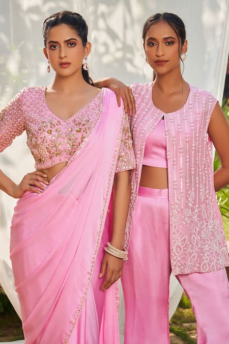 Buy_Megha Pitti_Pink Satin, Georgette, Organza Sequins, Embroidered Pre-draped Saree With Blouse _Online_at_Aza_Fashions