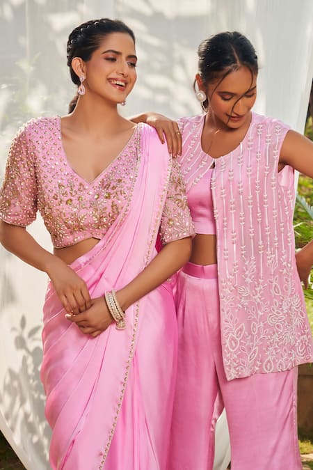 Shop_Megha Pitti_Pink Satin, Georgette, Organza Sequins, Embroidered Pre-draped Saree With Blouse _Online_at_Aza_Fashions