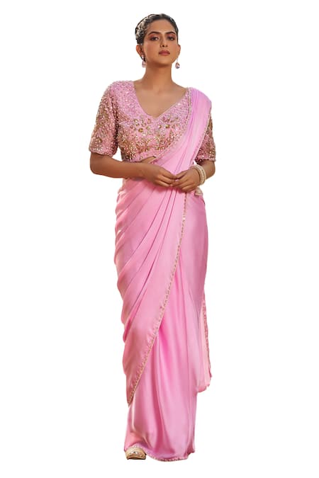 Megha Pitti_Pink Satin, Georgette, Organza Sequins, Embroidered Pre-draped Saree With Blouse _at_Aza_Fashions