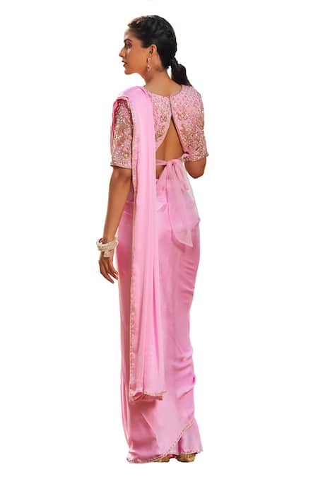 Buy_Megha Pitti_Pink Satin, Georgette, Organza Sequins, Embroidered Pre-draped Saree With Blouse 