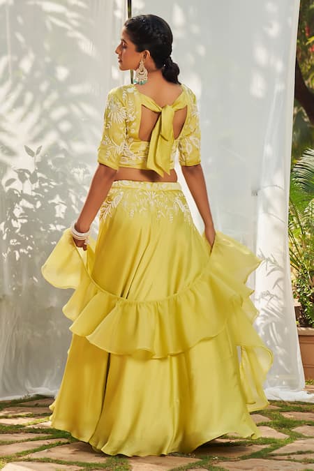 Shop Megha Pitti Green Satin, Organza Sequins, Pearls, Cut Work Floral Embroidered Lehenga Set at Aza Fashions Shop_Megha Pitti_Green Satin, Organza Sequins, Pearls, Cut Work Floral Embroidered Lehenga Set _at_Aza_Fashions