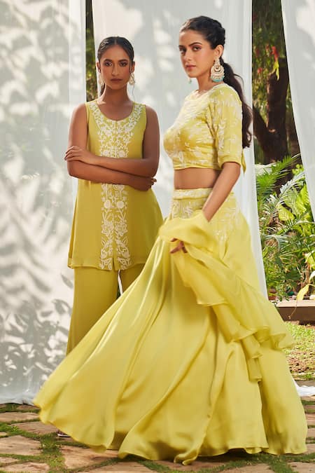 Buy Megha Pitti Green Satin, Organza Sequins, Pearls, Cut Work Floral Embroidered Lehenga Set Online at Aza Fashions Buy_Megha Pitti_Green Satin, Organza Sequins, Pearls, Cut Work Floral Embroidered Lehenga Set _Online_at_Aza_Fashions