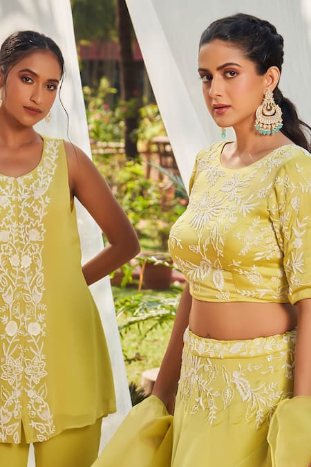 Shop Megha Pitti Green Satin, Organza Sequins, Pearls, Cut Work Floral Embroidered Lehenga Set Online at Aza Fashions Shop_Megha Pitti_Green Satin, Organza Sequins, Pearls, Cut Work Floral Embroidered Lehenga Set _Online_at_Aza_Fashions