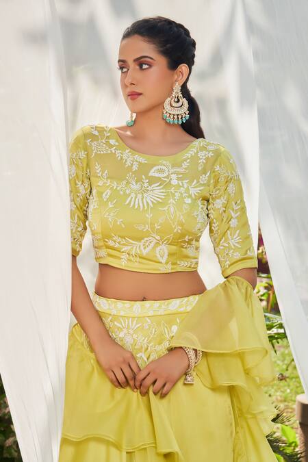 Megha Pitti Green Satin, Organza Sequins, Pearls, Cut Work Floral Embroidered Lehenga Set at Aza Fashions Megha Pitti_Green Satin, Organza Sequins, Pearls, Cut Work Floral Embroidered Lehenga Set _at_Aza_Fashions