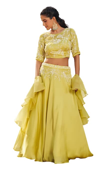 Shop Megha Pitti Green Satin, Organza Sequins, Pearls, Cut Work Floral Embroidered Lehenga Set Shop_Megha Pitti_Green Satin, Organza Sequins, Pearls, Cut Work Floral Embroidered Lehenga Set