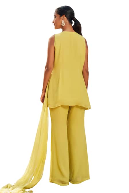 Megha Pitti_Green Georgette Cut Work, Pearls, Floral Cutdana And Embroidered Kurta Pant Set _at_Aza_Fashions