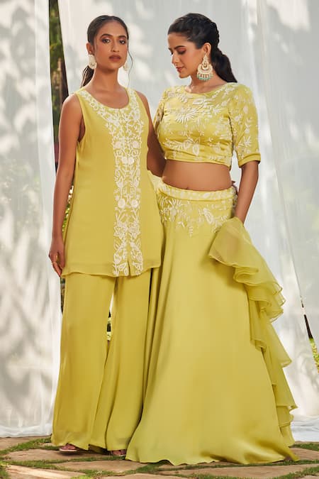 Shop_Megha Pitti_Green Georgette Cut Work, Pearls, Floral Cutdana And Embroidered Kurta Pant Set 