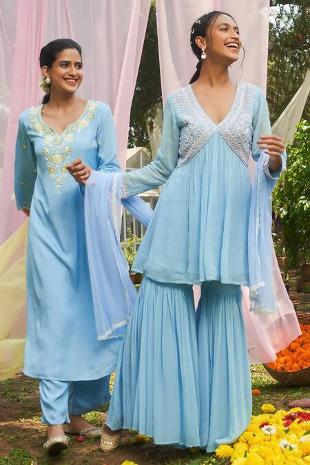 Buy Megha Pitti Blue Silk Organza, Satin Pearls, Sequins, Embroidery Gathered Kurta Sharara Set Online at Aza Fashions Buy_Megha Pitti_Blue Silk Organza, Satin Pearls, Sequins, Embroidery Gathered Kurta Sharara Set _Online_at_Aza_Fashions