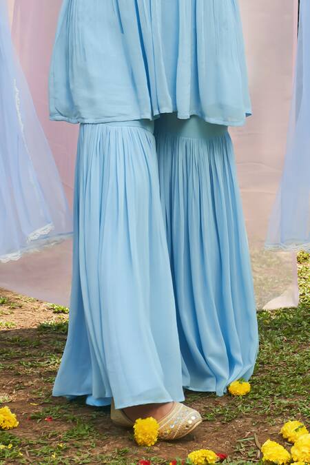 Shop Megha Pitti Blue Silk Organza, Satin Pearls, Sequins, Embroidery Gathered Kurta Sharara Set Shop_Megha Pitti_Blue Silk Organza, Satin Pearls, Sequins, Embroidery Gathered Kurta Sharara Set