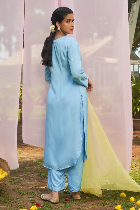 Shop_Megha Pitti_Blue Silk Pearls, Cut Work, Embroidery Collared Floral Kurta Pant Set _at_Aza_Fashions