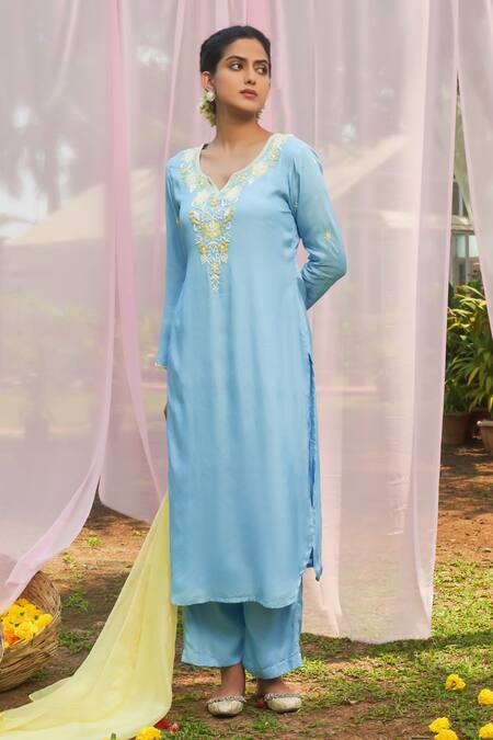 Megha Pitti_Blue Silk Pearls, Cut Work, Embroidery Collared Floral Kurta Pant Set _Online_at_Aza_Fashions