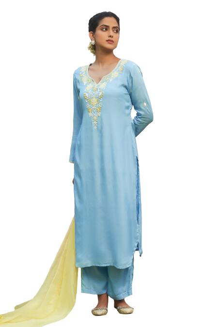 Shop_Megha Pitti_Blue Silk Pearls, Cut Work, Embroidery Collared Floral Kurta Pant Set _Online_at_Aza_Fashions