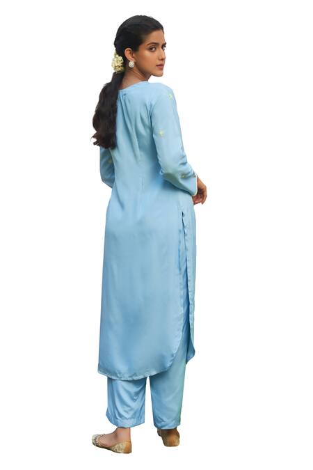 Megha Pitti_Blue Silk Pearls, Cut Work, Embroidery Collared Floral Kurta Pant Set _at_Aza_Fashions