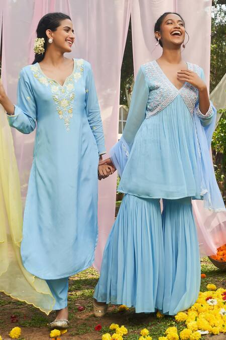 Shop_Megha Pitti_Blue Silk Pearls, Cut Work, Embroidery Collared Floral Kurta Pant Set 