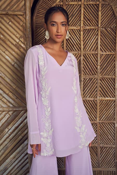Shop Megha Pitti Purple Crepe, Net Cut Work, Pearls, Sequins Floral Embroidered Kurta Sharara Set at Aza Fashions Shop_Megha Pitti_Purple Crepe, Net Cut Work, Pearls, Sequins Floral Embroidered Kurta Sharara Set _at_Aza_Fashions