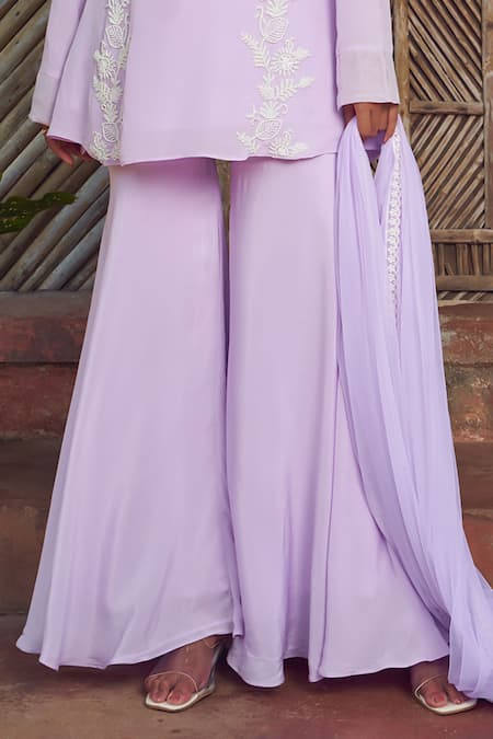 Buy Megha Pitti Purple Crepe, Net Cut Work, Pearls, Sequins Floral Embroidered Kurta Sharara Set Online at Aza Fashions Buy_Megha Pitti_Purple Crepe, Net Cut Work, Pearls, Sequins Floral Embroidered Kurta Sharara Set _Online_at_Aza_Fashions